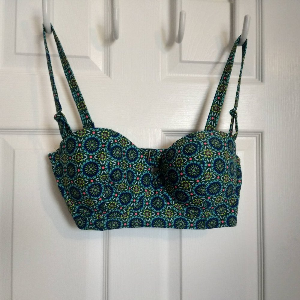 LONG LINE UNDERWIRE BIKINI TOP XL TEAL MEDALLION